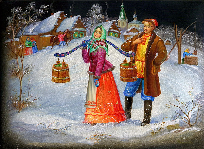 Зимнее коромысло. Федоскино лаковая миниатюра Святки. Федоскинская лаковая живопись. Русская лаковая миниатюра Федоскино. Старая Русь в Федоскинских миниатюрах.
